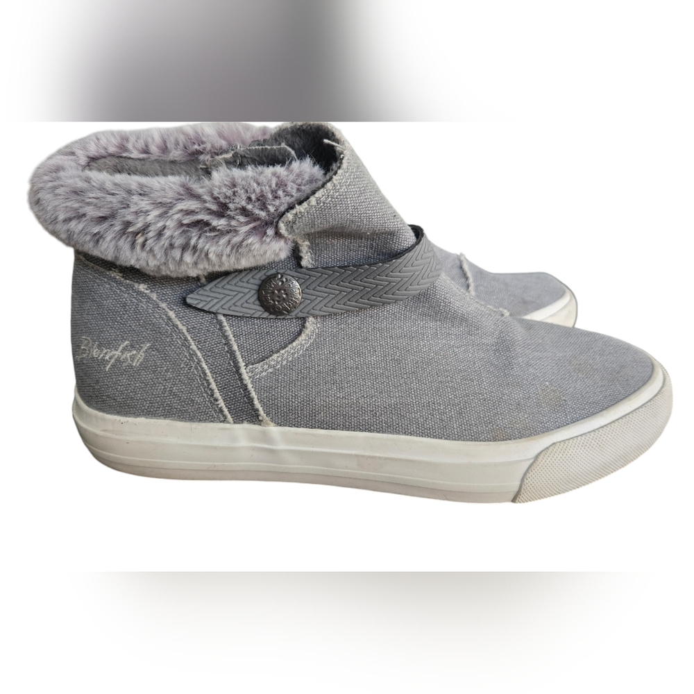 Blowfish Malibu Women’s Gray Canvas Faux Fur Zipper Closure Ankle Boots Sz 7.5